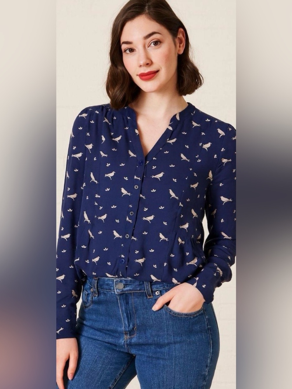 Modcloth Navy Blue Bird Print Button-Up Blouse